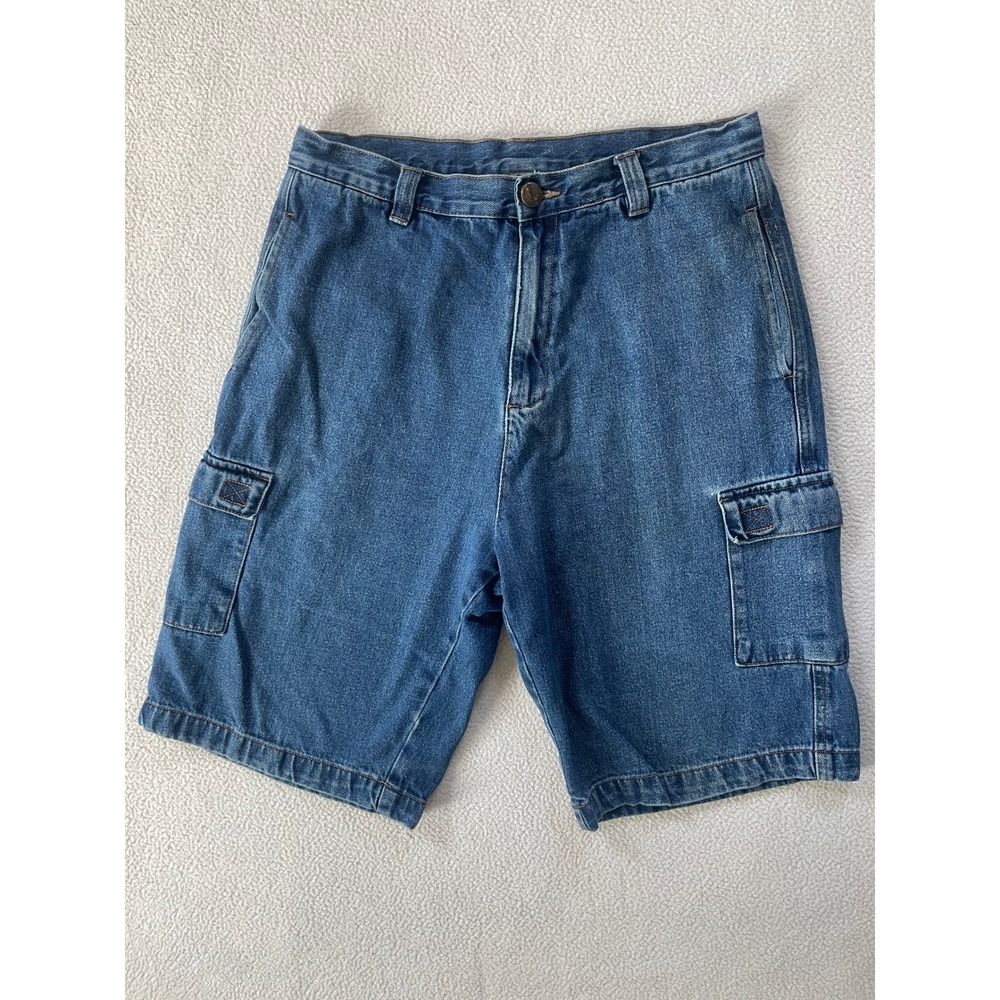 Burnside Mens 32 Denim Cargo Shorts Blue Medium Wash Utility Multi Pocket Jorts